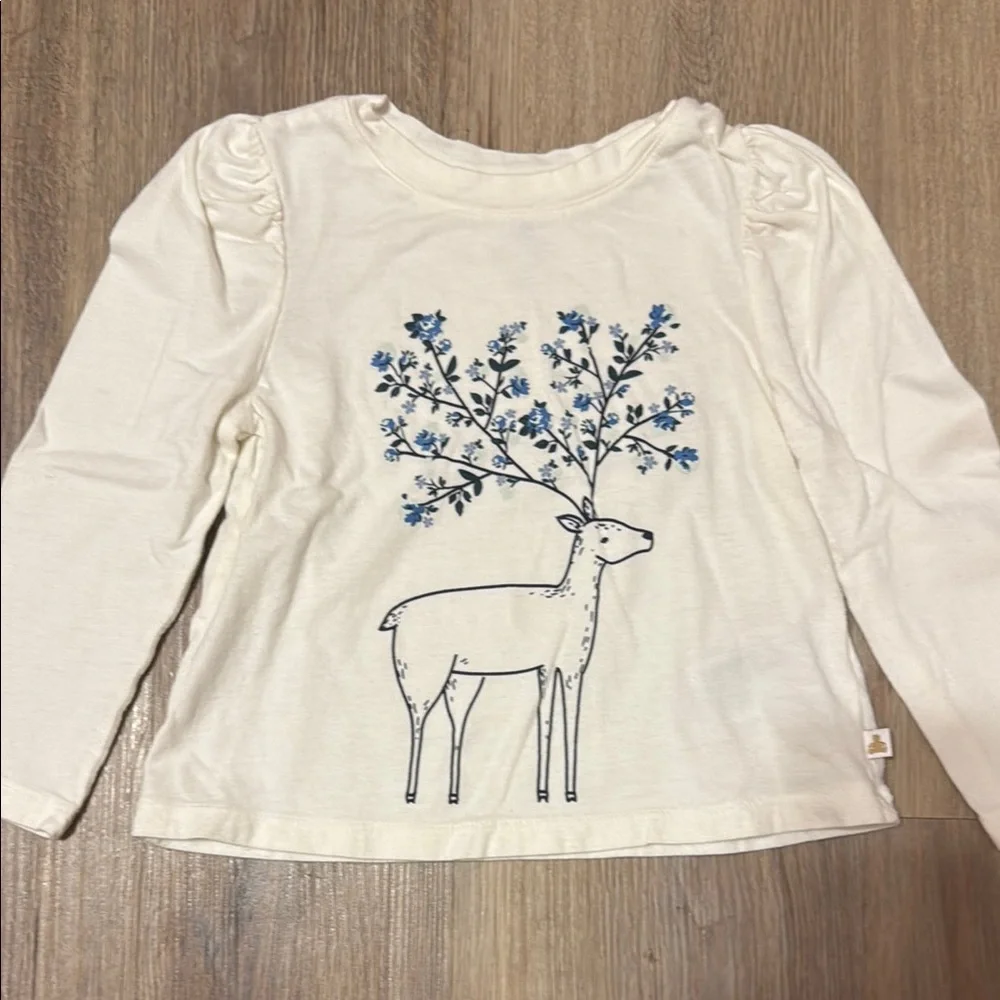 GAP Cream and Blue Long Sleeve Tee with Deer Print